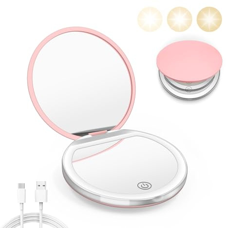 Kakuje Compact Mirror with Light, 1X/3X Magnification LED Pocket Mirror with USB Data Cable,Mini Mirror for Purse, Pocket,Travel and Present (Pink)