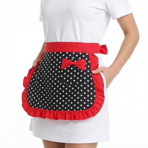 HEMOTON Medio Delantal De Mujer Con Lunares Pequeños Y Lazo Ajustable Delantal Corto Para Cocina Uso En Restaurante Pastelería Y Hogar Lavable Y Cómodo 19.68X15.35In