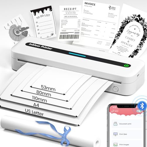 Omezizy Thermal Printer A4 - Bluetooth Portable Printer 300DPI, Mobile Inkless Printers for Business, Study, Invoice, Home, Compatible with Phones & Laptops, White
