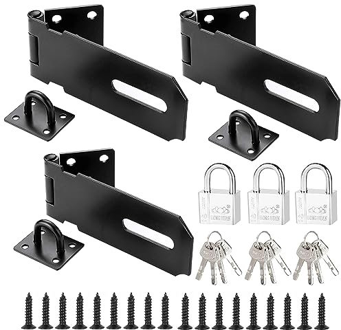 DAJAVE 3 Stück Überfalle für Vorhängeschloss 4 Zoll Haspe, Schwarz Riegelschloss Abschliessbar Edelstahl Sicherheitsüberfalle Schlossriegel, Riegel Schloss für Schuppen, Garage, Schranktür