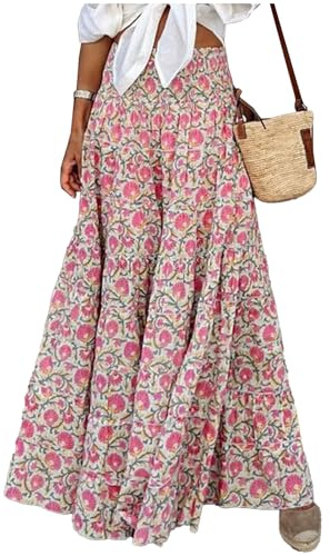JENJON Femme Jupe Maxi Imprimé Taille Haute Elastique Casual Boho Fleurs Robe sans Manches 2 in 1 Jupes A-Rose L