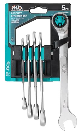 HB Coffret Clés à Cliquet 5 Pièces WKM006-G | 100 Dents 12 Pans avec Angle 15° | Design Passe-Partout | Tailles Métriques 8-17 mm | Support de Rangement Compact | Fabriqué à Taïwan