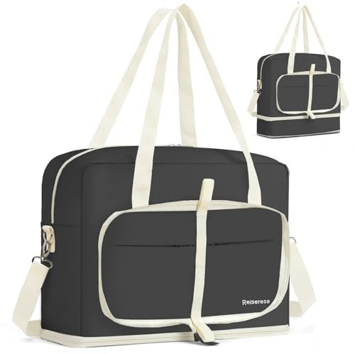 Reiseresa Doppellagige Reisetasche Weekender Damen mit Nassfach Schuhfach, Faltbar Reisetasche 40x20x25 Ryanair Handgepäck Krankenhaus Tasche Kliniktasche, Schwarz