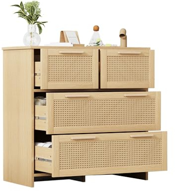 HAINEW Rattan Kommode Sideboard mit 4 Rattan Schublade, Holz Schrank Aufbewahrungsschrank mit Holz Griffe für Flur Wohnzimmer, 80×38×80cm (Natur)