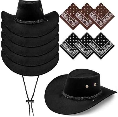 Lot de 6 chapeaux de cowboy noirs et 6 bandanas, chapeau de cowgirl avec cordon de serrage réglable, costume occidental pour fête, performance sur scène