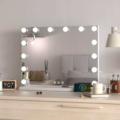 Ereousa Specchio Trucco con Luci, 3 modalità Luce, 50 x 40 cm Specchio Trucco, Durevole Specchio con Luci Make Up, Specchio Make Up con 14 Lampadine LED