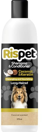RISPET Shampoo e Balsamo Cocco e Cheratina, Detergente e Igienizzante per Cani e Animali a Pelo Lungo, Formula Delicata Senza Allergeni e pH Bilanciato, Profumazione al Cocco, 370ml