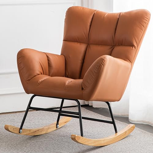 RUYICZB Schaukelstuhl Sessel Relaxsessel Schaukelsessel Schwingstuhl, Gepolstert, Mit Holzkufen & Metallrahmen, Gepolsterter Schwingsessel Für Wohnzimmer Schlafzimmer Balkon,Braun