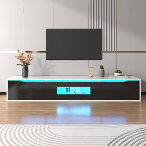 Zepneiy Meuble TV Brillant, Noir Brillant + Couleur Bois, avec lumière LED à Changement de Couleur, Mural/autoportant