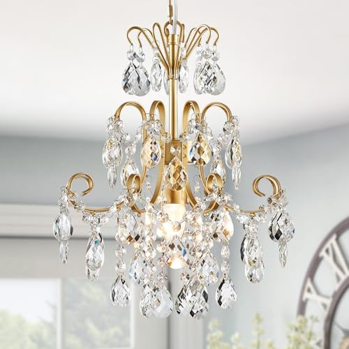 WUZUPS Kristall Kronleuchter 1-Licht Pendeldeckenleuchte Moderne Beleuchtung für Schlafzimmer Flur Bar Küche Badezimmer, H 39.9cm x B 35cm, E14 Base, Gold