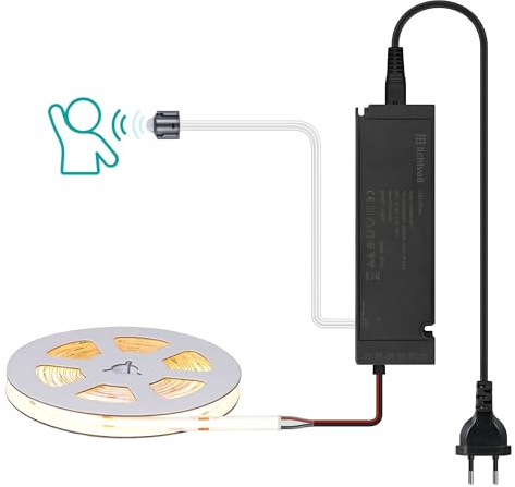 lichtvoll COB Led Streifen Led Strip 5M Warmweiß with Bewegungsfühler Schalten und 60W Netzteil, Unterbauleuchte Led Streifen 5M Lichtbänder für Akustikpaneele Lichtleiste Küche