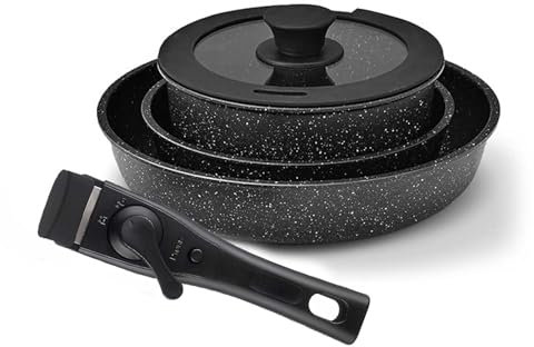 Juego de sartenes con asas extraíbles, juego de 5 piezas de ollas y sartenes con tapa, utensilios de cocina antiadherentes, juego de ollas y sartenes con mango extraíble, color negro