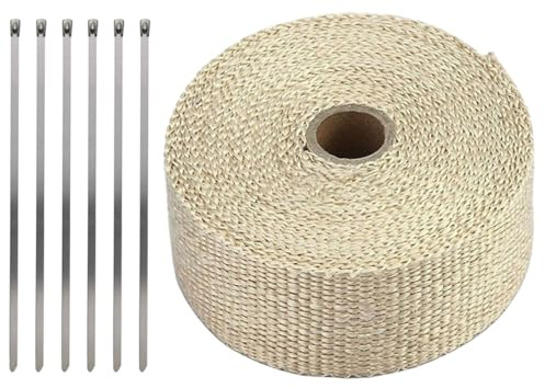 LKRXW Hitzeschutzband Auspuffband Glasfaser Auspuff Isolierband Motorrad Auspuffkrümmer Band Hitzeschild Thermoband Krümmerband Wickelband Beige 5CM x 10M mit 6 Kabelbinder