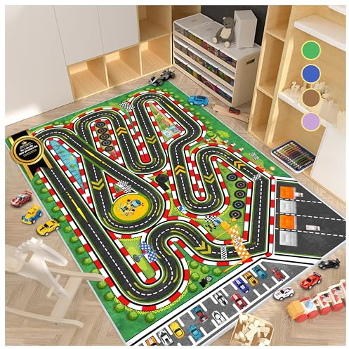Fuzorise Kids Racing Rug 31''x47'' Car Road Kid Rug Carpet Playmat for Playoom Traffic Road Kid Play Mat for Bedroom，Kids Educational City Traffic Road map Fun Carpet (Green)