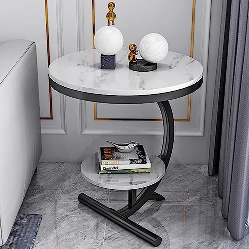 Beistelltisch aus Marmor, kleiner runder Beistelltisch mit schwarzen Metallbeinen, moderner weißer Nachttisch, 2 Etagen, rund, Sofa, Couchtisch für Schlafzimmer, Wohnzimmer, Möbel (Größe: 55 x 60 cm)