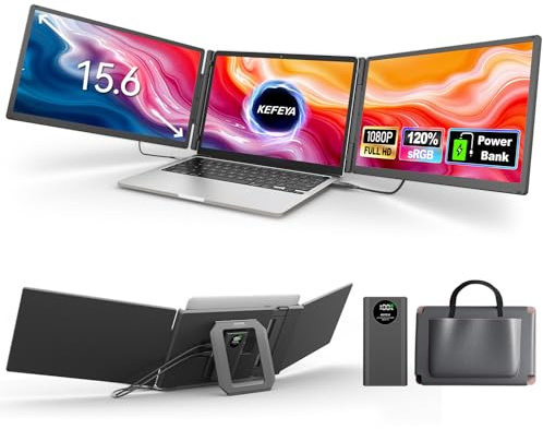 KEFEYA Monitor Portátil de 15,6 con Banco de Energía Magnético | Monitor Triple 1080P FHD, Plug & Play para Portátiles de 13-17 (Diagonal) | HDMI/USB/Hub, Compatible con Mac, Windows, Android