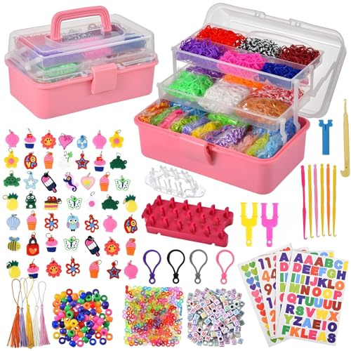 Tuilful 18000+ Loom Band Kit - 30 Vibrant Colors Loom Bands, Bracelet Making Set with Charms, Tools & 3-Layer Pink Storage Box – DIY Arts & Crafts Gift for Girls & Boys (Pink)