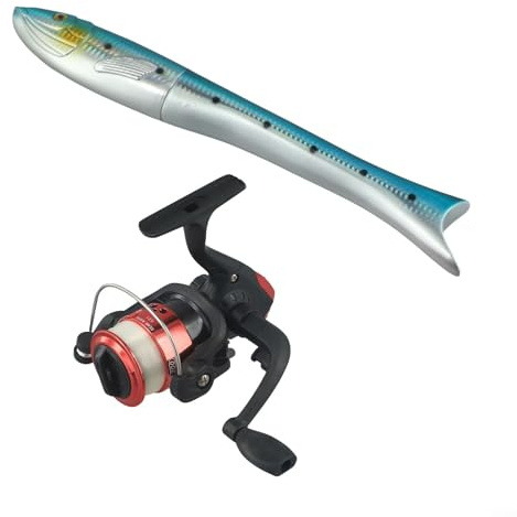 Canne da Pesca Combo Portatile 1,6 m Canna da pesca portatile in fibra di carbonio, design a forma di pesce, ideale per la pesca (canna con mulinello, blu)