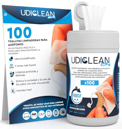 100 Reinigungs- und Feuchtigkeitstücher für Hörgeräte Udiclean Roll-Up - Wiederverschließbarer Tiegel Speichert Feuchtigkeit - Maxi-Size und Langlebige Tücher Tiefenreinigung Schnell Trocknend