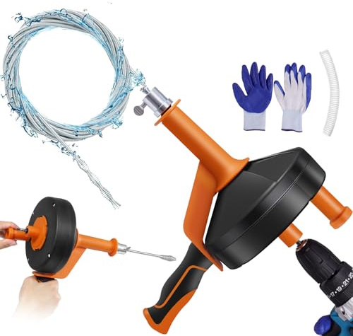 Worshow Furet Déboucheur Canalisation 7,6m avec Mandrin de Perçage, Câble Flexible Long, Rouleau Métallique et Gants, Mode Manuel ou Électrique, Spirale Nettoyage Tuyau pour Cuisine, Salle de Bain