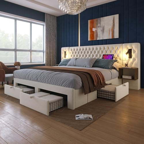 YanguVibes Polsterbett Doppelbett 160x200 cm mit 2 Nachttische, Kopfteil mit Leselicht und USB C, Bettanlage mit 4 Schublade, Stauraumbett Bettgestell Schlafzimmer Komplett Set, Beige