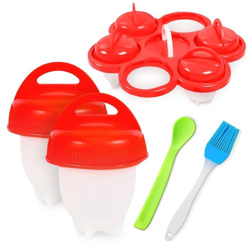 No.1 Hard Boiled Silicone Egg Cooker Without The Shell, Non Stick Egg Boil Poacher, As Seen On TV, with Bonus Holder & Silicone Oil Brush, (6pc), Red