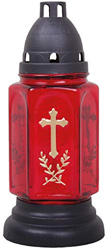 HS Candle Buena Lampe funéraire en verre avec croix et bougie Rouge 24 cm