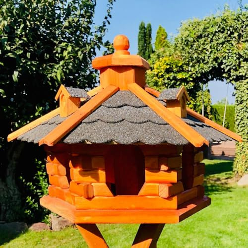 Handgefertigtes wetterfestes Sechseck Vogelhaus aus Holz | Größe L | (Größe L ohne Ständer, Schwarz - Braun) Vogelfutterstation, lasiert, Outdoor, Garten, Balkon, Futterhaus, Futterhäuschen