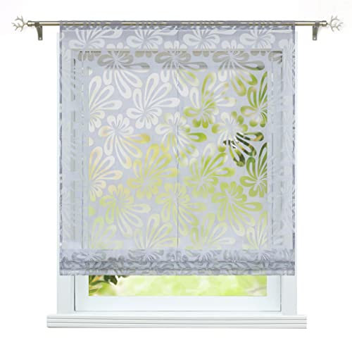 ESLIR Raffrollo Ausbrenner Küche Gardinen Raffgardine mit Tunnelzug Bändchenrollo Modern Gardinen Transparent Grau BxH 60x155cm 1 Stück