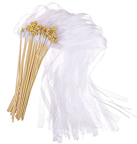 HOWAF 30 Stück Wedding Wands mit Glöckchen Zauberstäbe Hochzeit Luftschlangen Weiß Spalier Hochzeit Stäbe mit Hochzeitsbändern Seidenfeenstab Hochzeitsdeko für Hochzeiten Geburtstage Weihnachten Party
