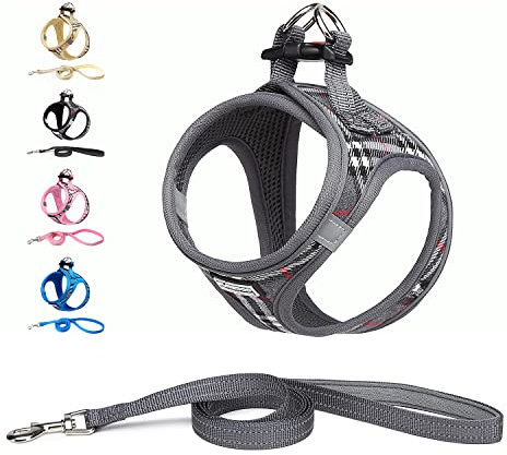 Suredoo Hundegeschirr Kleine Hunde mit Leine, Anti Zug Geschirr Reflektierend Atmungsaktiv Brustgeschirr, Welpengeschirr für Kleine Hunde (Grau Kariert, M, Brust: 34-39cm)