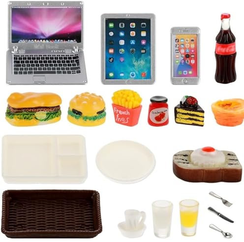 Fivtsme 21 Pieces Elf Accessories for Dollhouse Dollhouse Laptop Tablet Toy Phone Hamburger Fries Cola Fast Food Cake Coffee Juice