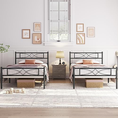 Yaheetech 2er Set 90 x 190 cm Metallbett Bettrahmen mit Hohem Kopfteil Gästebett mit Lattenrost für Gästezimmer 32cm Höhe unter dem Bett Schwarz
