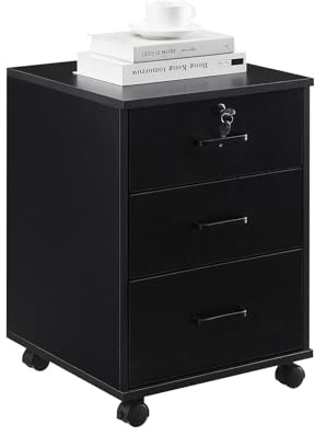 CLIPOP Rollcontainer Abschließbare mit 3 Schubladen,Schwarz | Mobiler Aktenschrank Büroschrank mit Rollen,Unter Schreibtisch Schrank für A4 Papier und Aktenordner 40 x 40 x 57 cm