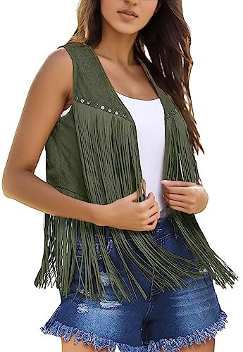 Duohropke Hippie Fransen Weste Damen Kurz Dünne Fringe Jacke Westen Cowboy Karneval Vintage Faux Wildleder Cardigan Ärmellos Mini Mantel Gilet mit Quasten 70er Jahre Hippie Kleidung
