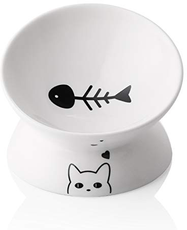 Ceramic Raised Cat Bowls, Slanted Cat Dish Food or Water Bowls, Elevated Porcelain Pet Feeder Bowl Protect Cat's Spine, Stress Free, 140ml, Backflow Prevention (White)