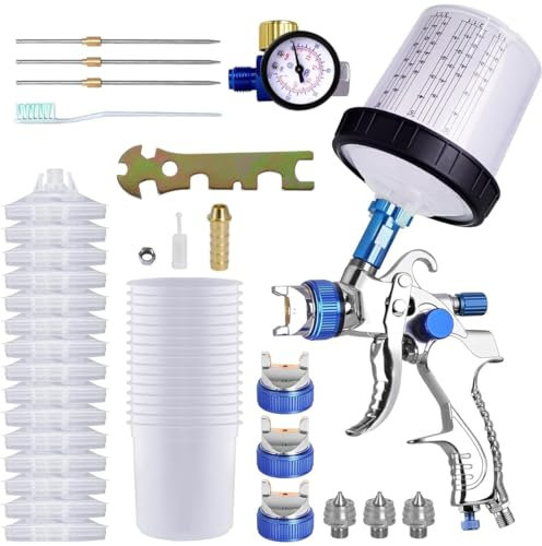 Kit de Pistolet à Peinture HVLP, Pistolet de Pulvérisation Professionnel avec 3 Buses 1,4/1,7/2 mm, avec 15 Gobelets Jetables de 600 ML et Manomètre, pour Clôtures, Plafonds, Peinture Murale