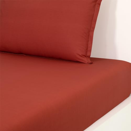 Desforges - Drap Housse 140 x 200 cm en Percale de Coton Rouge uni 80 Fils/cm², Alcove