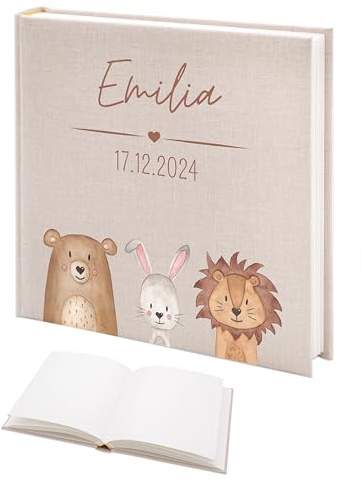 wunderwunsch Fotoalbum Einschulung personalisiert, Gästebuch, Deko, Erinnerungsalbum Schule, Geschenk Taufe, Kindergarten, Geburt, Geburtstag individualisiert (3 Tiere)