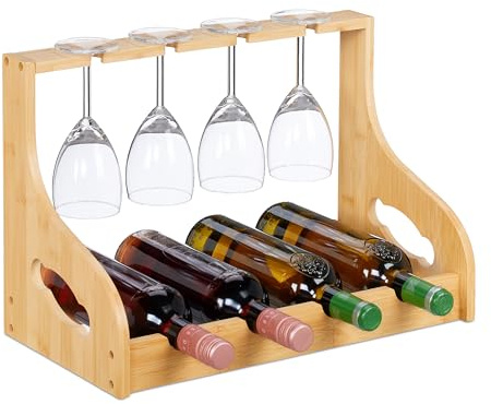 Relaxdays Cantinetta Portabottiglie, Scaffale per 4 Bottiglie di Vino in Orizzontale e Bicchieri, 30x44,5x23,5 cm, bambù
