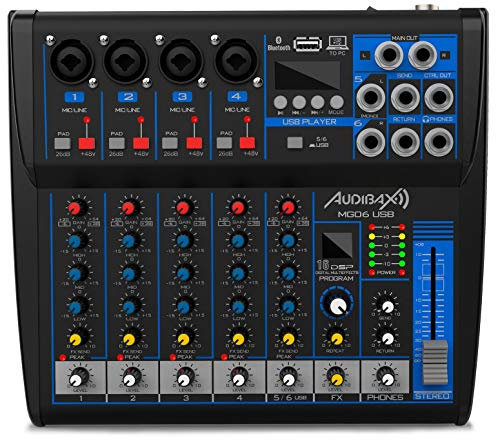 Audibax MG06 USB - Console di Missaggio audio - Mixer audio a 6 canali - Interfaccia USB per lettore e registratore - Connessione Bluetooth e MP3 - Multieffetto DSP - Alimentazione Phantom 48 V