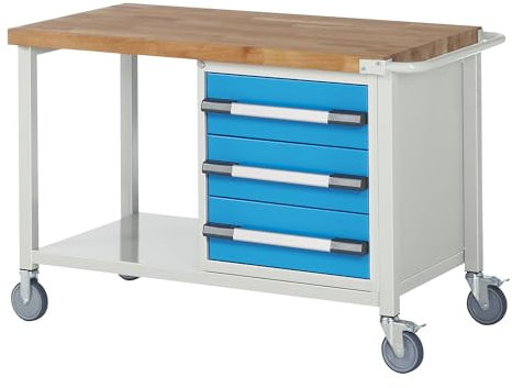 eurokraft | Fahrbare Werkbank Serie 8000 | Gestellbauweise | 3 Schubladen | Ablageboden | BxT 1250 x 700 mm