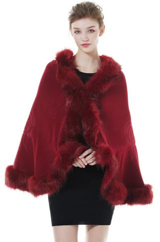 BEAUTELICATE Estola de Pelo Mujer Chal de Piel Sintética de Conejo Capa de Abrigo Punto Poncho Cardigan para Boda Fiesta Invierno (Vino Rojo)