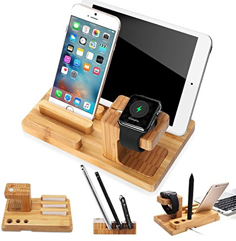 MOZOWO Bambus Holz Multi-Gerät Desktop Ladestation Halterung Ladegerät Halter Wiege Ständer compatible with iPhone 12 11 Pro Max XS XR X 8 7 6 6S Plus iPad Apple Watch iWatch 2 3 4 Samsung Smartphones