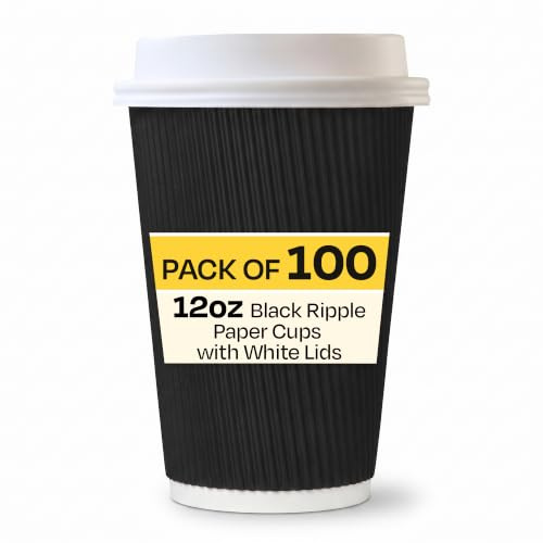 We Can Source It Ltd – 12oz Disposable Black Ripple Paper Cups with White Lids – Insulated Black Paper Cups with 3 Ply Construction – for Tea, Coffee, Hot Drinks– 100Pc
