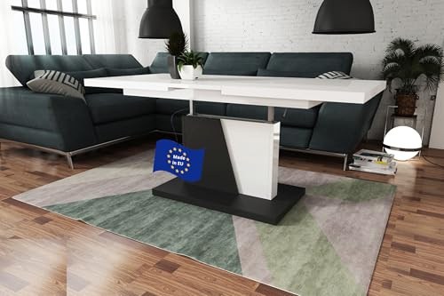 Grand Noir Couchtisch ausziehbar höhenverstellbar 120/180cm in Weiß hochglanz / Schwarz matt modern vielseitig Wohnzimmertisch Esstisch Beistelltisch Sofatisch platzsparend hochwertig Wohnzimmer