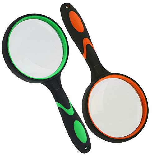 HAKACC Magnifying Glass, Kids Magnifying Lens with Non-Slip Soft Rubber Handle Magnification Handheld Shatterproof Mirror Magnifier Glasses for Reading Books Inspection Insects Hobbies Crafts 2PCS