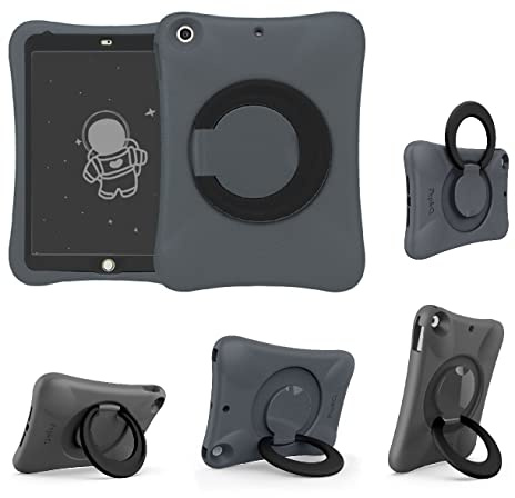 NLR FUN Funda para Niños para iPad, a Prueba de Golpes para iPad de 10,2, 9.ª/8.ª/7.ª generación (2021/2020/2019) Estuche Protector Ligero de Cuerpo Completo con Asa/Soporte Plegable (Gris+Negro)