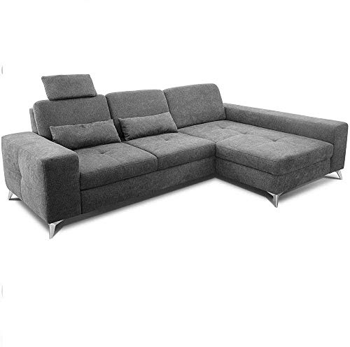 CAVADORE Ecksofa Bali / Trendige Sofaecke mit Longchair rechts & Federkern / Inkl. Sitztiefenverstellung, Kopfstütze & Nierenkissen / 286 x 92 x 176 / Flachgewebe: Grau