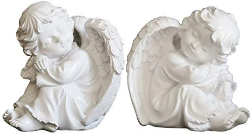 KiaoTime Set von 2 niedlichen Engelsfiguren aus Kunstharz schlafende Engelsfiguren Schutzengel Gartenflügel Engel Skulptur niedliche kleine Engel-Kollektion Engel Gedenkstatue (Set von A+B)